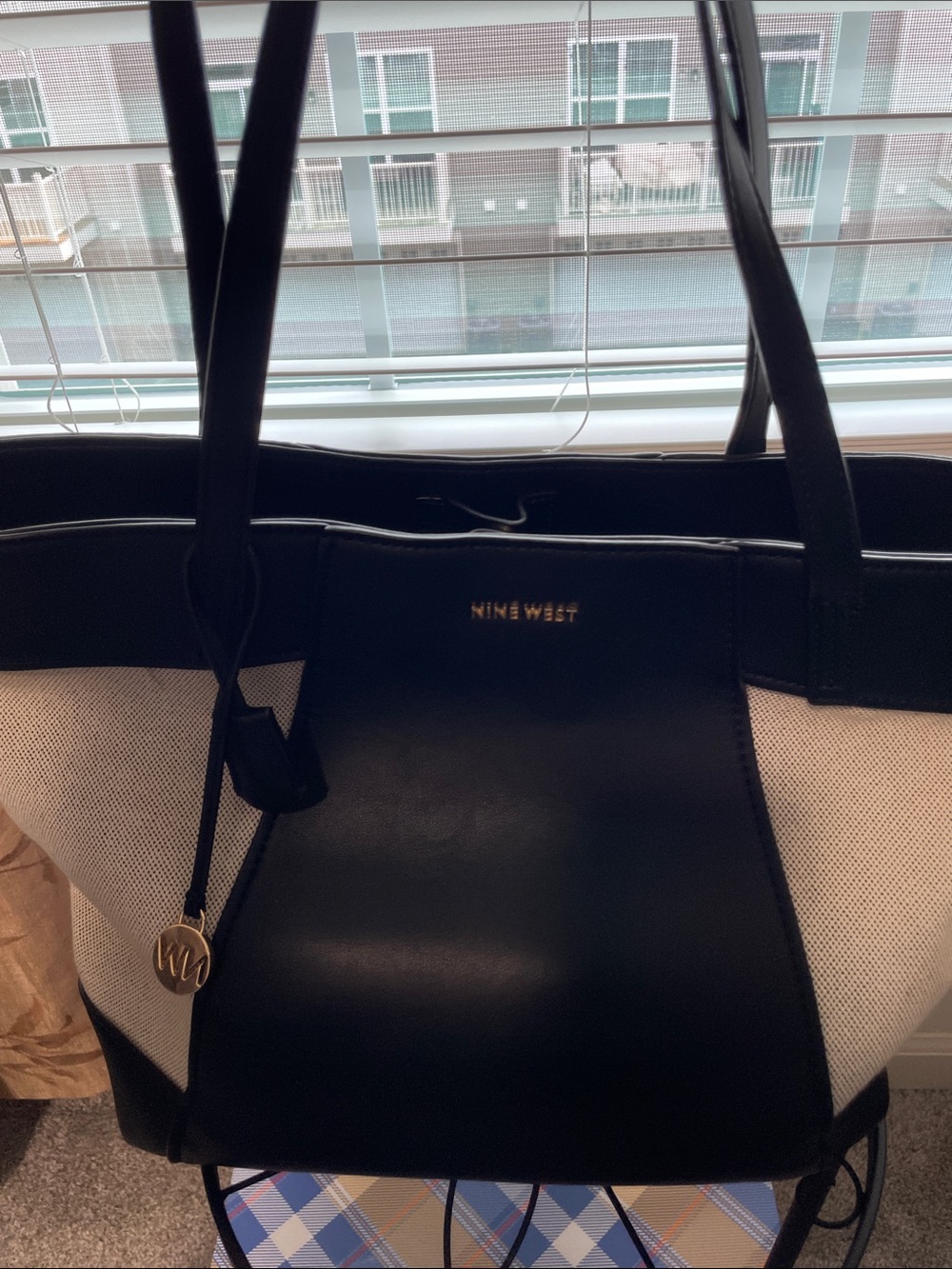 Nine West Black and Cream Canvas Tote with Leather-Look Center and wallet.